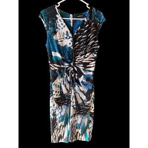 Ellen Tracy Sheath Dress Knee Length V Neck Sleeveless Twist Front Blue Size 8